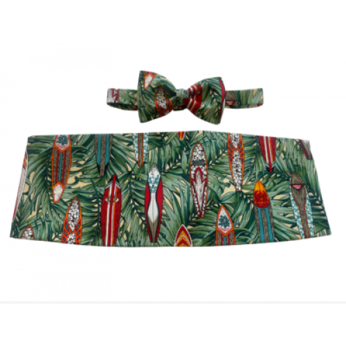 Vintage Tropical Hawaiian Surf Boards Cummerbund and Bow Tie Set